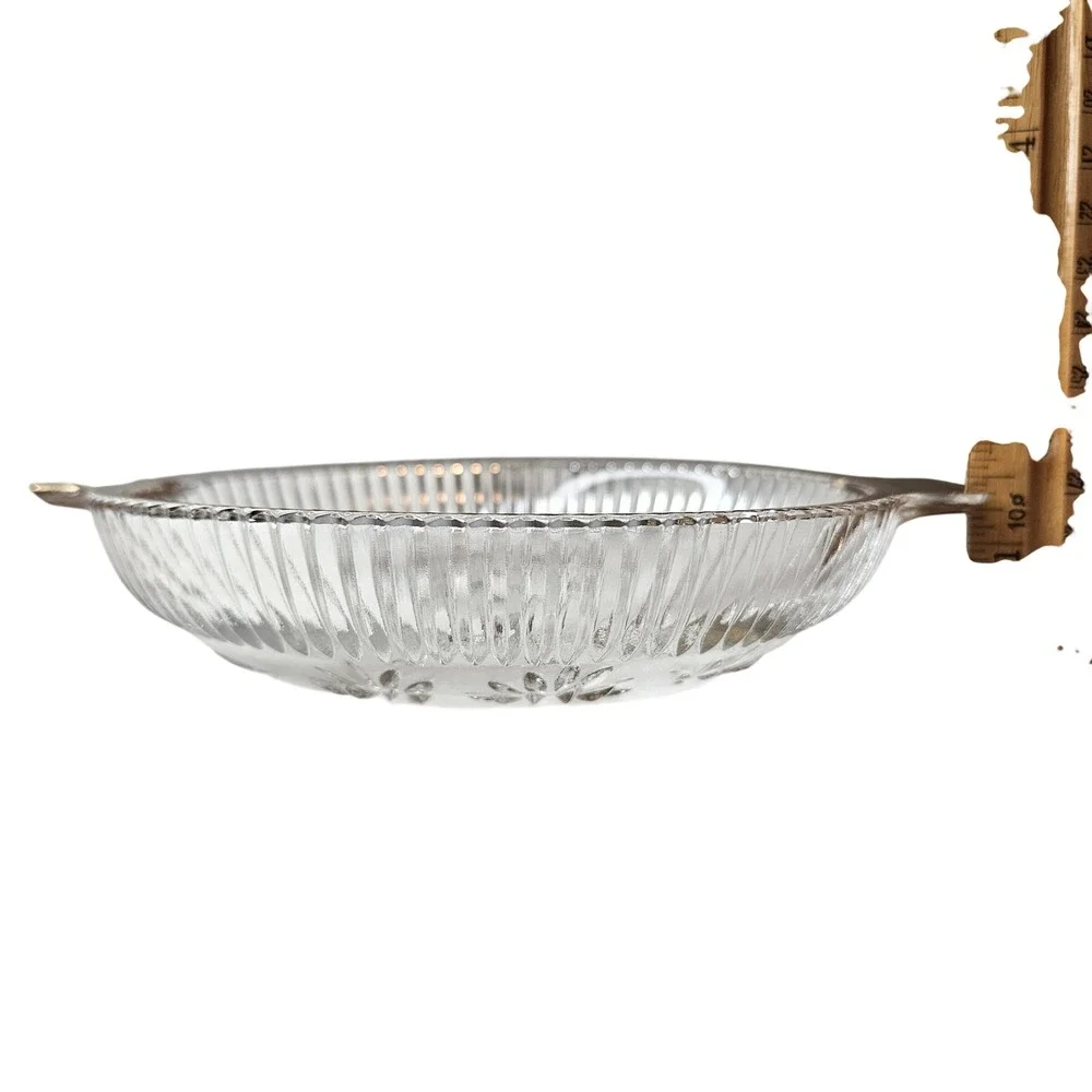 Vtg Mid Century Pressed Glass Candy Nut Dish Gold Gilt Trim Ribbed‎ Starburst 7